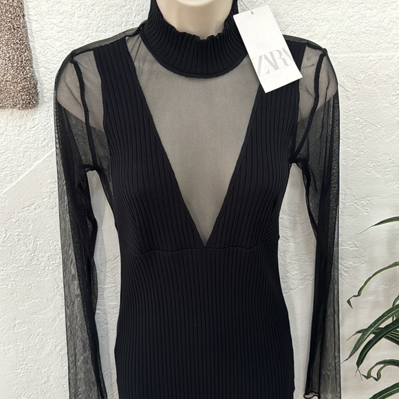 ZARA Women’s Black Mini Body Con with Mesh Sleeves Size M NWT - Picture 3 of 16